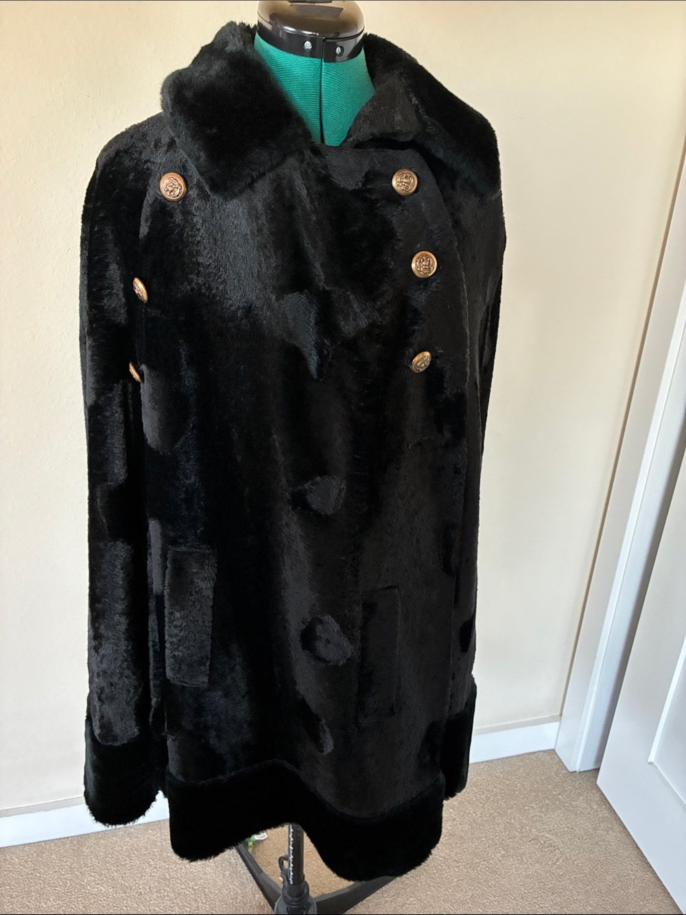 Black Faux-Fur Double-Breasted Cape with Gold Buttons
